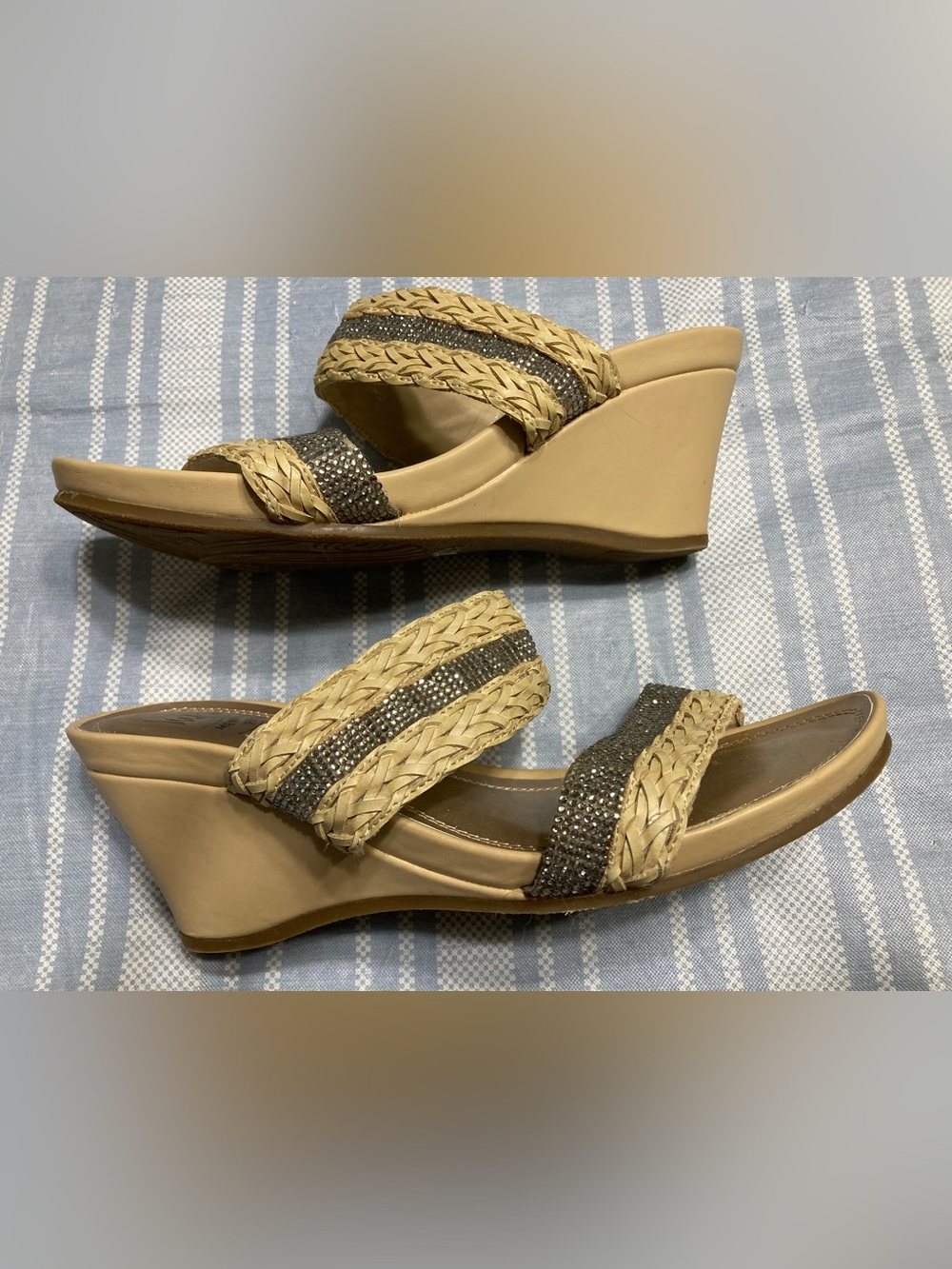 Impo Memory Foam beige wedge sandals.